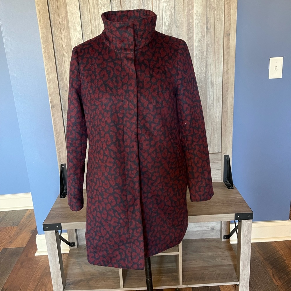 Loft navy and burgundy animal print car coat